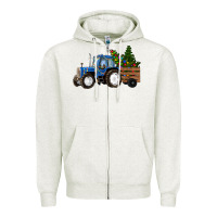 Oatmeal Heather Blue Christmas Tractor Zipper Hoodie - RanaPortraitStore