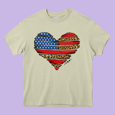 American Leopard Brushstroke Heart Heavy Core Tee Designed By Jasminsmagicworld