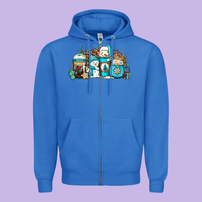 Winter Snowman Coffee Cups Zipper Hoodie Designed By Jasminsmagicworld