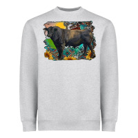 Heather Grey black angus bull with aztec and farm background Heavyweight Sweatshirt - RanaPortraitStore