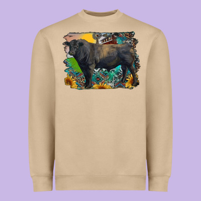 Black Angus Bull With Aztec And Farm Background Heavyweight Sweatshirt Designed By Ranaportraitstore