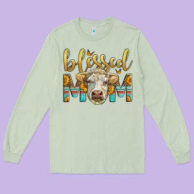 Western Blessed Mom Charolais Bull Mother's Day Long Sleeve Tee Designed By Lillyallendesigns
