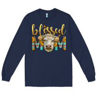 Navy Western Blessed Mom Charolais Bull Mother's Day Long Sleeve Tee - LillyAllenDesigns