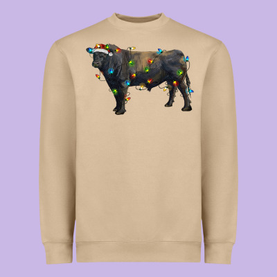 Christmas Black Angus Bull With Christmas Lights Heavyweight Sweatshirt Designed By Ranaportraitstore