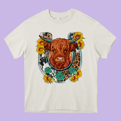 Western Leopard Cowhide Cow Horseshoe Heavy Core Tee Designed By Oliviacreatesart