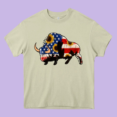 American Flag Bison Heavy Core Tee Designed By Jasminsmagicworld
