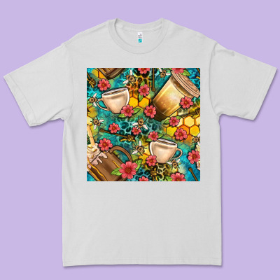 Honey And Bee Coffee Cup With Flowers And Leopard Seamless Pattern Bbs Premium Tee Designed By Bundleandbundleshop
