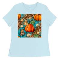 Baby Blue pumpkin and butterfly seamless pattern Ladies Tee - BundleAndBundleShop