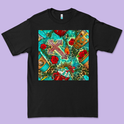 Faith Coffee Cup And Cross With Leopard And Roses Seamless Pattern Bbs Premium Tee Designed By Bundleandbundleshop
