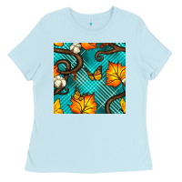 Baby Blue autumn leaves seamless pattern Ladies Tee - BundleAndBundleShop