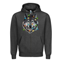 Charcoal Heather Christmas with wolf Zipper Hoodie - RanaPortraitStore
