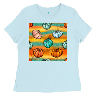 Baby Blue Pumpkin And Glitter Seamless Pattern Ladies Tee - BundleAndBundleShop