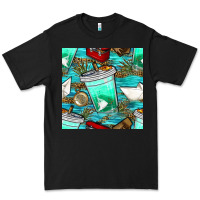 Black fish coffee cups and reeds with paper boat and leopard lake seamless p Premium Tee - BundleAndBundleShop
