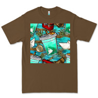Cacao fish coffee cups and reeds with paper boat and leopard lake seamless p Premium Tee - BundleAndBundleShop