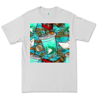 Dove Grey fish coffee cups and reeds with paper boat and leopard lake seamless p Premium Tee - BundleAndBundleShop