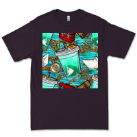Plum fish coffee cups and reeds with paper boat and leopard lake seamless p Premium Tee - BundleAndBundleShop