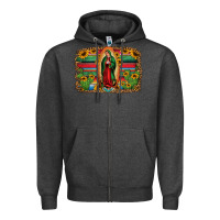 Charcoal Heather lady of guadalupe serape background Zipper Hoodie - Jasminsmagicworld