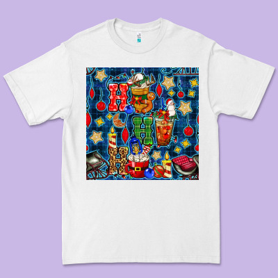 Christmas Ho Ho Ho With Coffee Cups And Ornaments With Plaid Seamless  Premium Tee Designed By Bundleandbundleshop