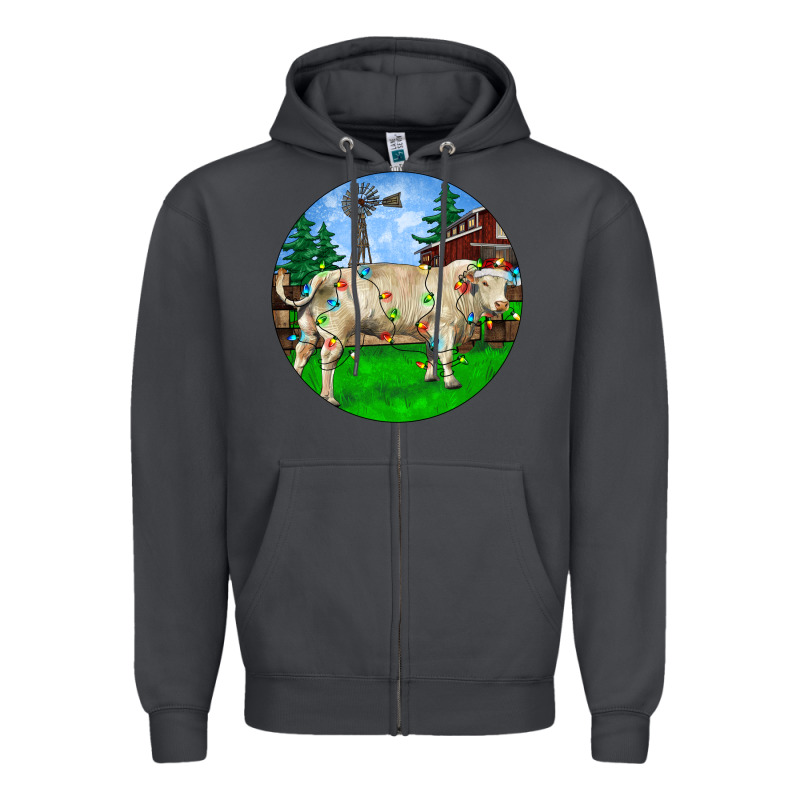Christmas Charolais Bull And Barnyard Zipper Hoodie by RanaPortraitStore | Teevron