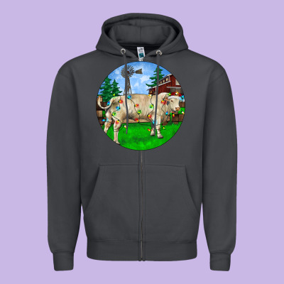 Christmas Charolais Bull And Barnyard Zipper Hoodie Designed By Ranaportraitstore
