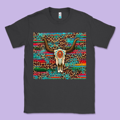 Western Serape Leopard Bull Skull Turquoise Classic Tee Designed By Artiststas