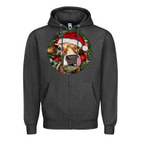 Charcoal Heather Hereford Cow Christmas Zipper Hoodie - RanaPortraitStore