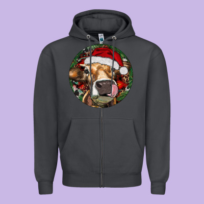 Hereford Cow Christmas Zipper Hoodie Designed By Ranaportraitstore