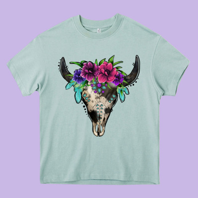 Cowhide Bull Skull Heavy Core Tee Designed By Jasminsmagicworld