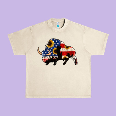 American Flag Bison Urban Heavy Tee Designed By Jasminsmagicworld