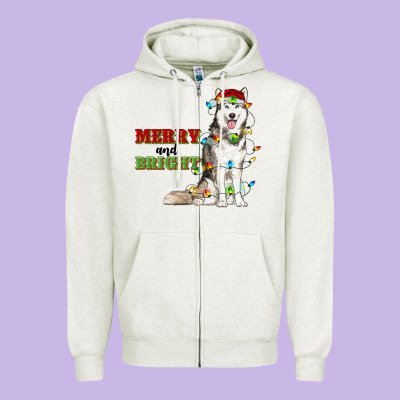 Merry And Bright Husky Zipper Hoodie Designed By Ranaportraitstore