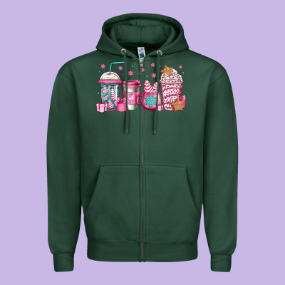 Pink Christmas Coffee Zipper Hoodie Designed By Jasminsmagicworld