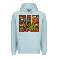 Blue Mist cactus and sunflowers with old wheel serape leopard cowhide background Premium Hoodie - Artiststas
