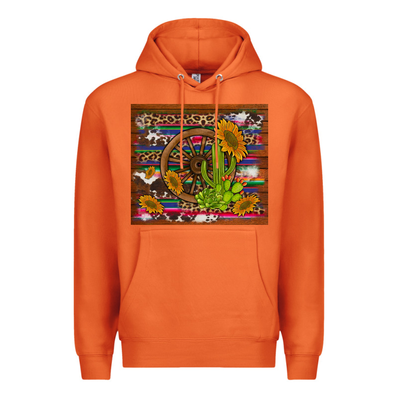 Cactus And Sunflowers With Old Wheel Serape Leopard Cowhide Background Premium Hoodie by Artiststas | Teevron