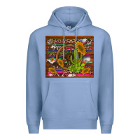 Colony Blue cactus and sunflowers with old wheel serape leopard cowhide background Premium Hoodie - Artiststas