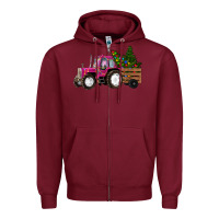 Burgundy Pink Christmas Farm Tractor Zipper Hoodie - RanaPortraitStore