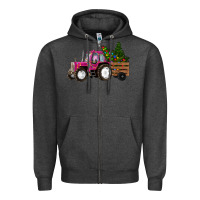 Charcoal Heather Pink Christmas Farm Tractor Zipper Hoodie - RanaPortraitStore