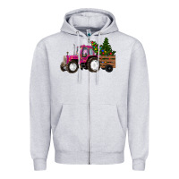 Heather Grey Pink Christmas Farm Tractor Zipper Hoodie - RanaPortraitStore