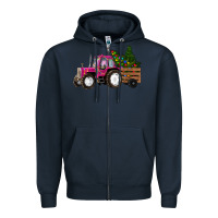 Navy Pink Christmas Farm Tractor Zipper Hoodie - RanaPortraitStore