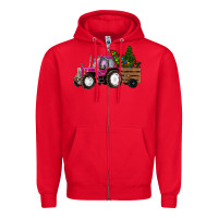Red Pink Christmas Farm Tractor Zipper Hoodie - RanaPortraitStore
