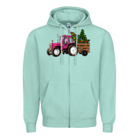 Seafoam Pink Christmas Farm Tractor Zipper Hoodie - RanaPortraitStore