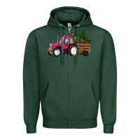 Sports Green Pink Christmas Farm Tractor Zipper Hoodie - RanaPortraitStore