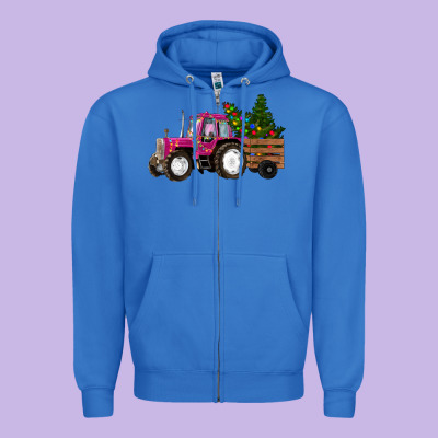 Pink Christmas Farm Tractor Zipper Hoodie Designed By Ranaportraitstore