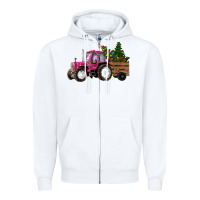 White Pink Christmas Farm Tractor Zipper Hoodie - RanaPortraitStore