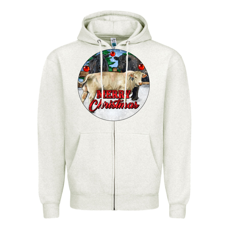 Merry Christmas Charolais Bull Zipper Hoodie by RanaPortraitStore | Teevron
