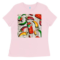 Bubblegum Pink mexican chili and pepper seamless pattern Ladies Tee - BundleAndBundleShop