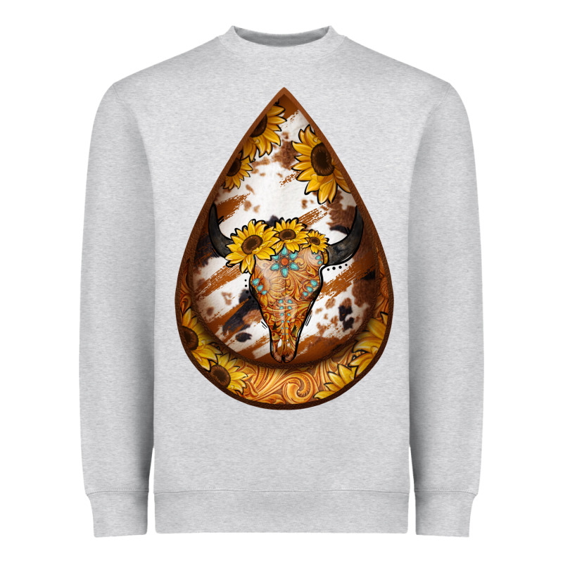 Sunflower Tooled Leather Bullskull Teardrop Earrings Heavyweight Sweatshirt by Jasminsmagicworld | Teevron