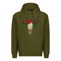 Army Green bull skull with roses Premium Hoodie - Artiststas