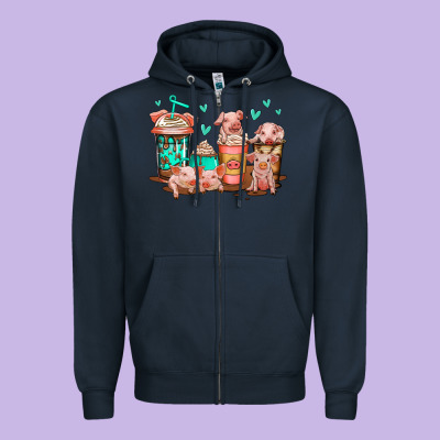Cute Pigs Coffee Zipper Hoodie Designed By Jasminsmagicworld