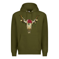 Army Green bull skull with rose and flowers Premium Hoodie - Artiststas