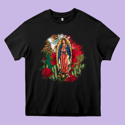 Our Lady Of Guadalupe Mexican Flag Cactus Roses Heavy Core Tee Designed By Fadigitalartstudio